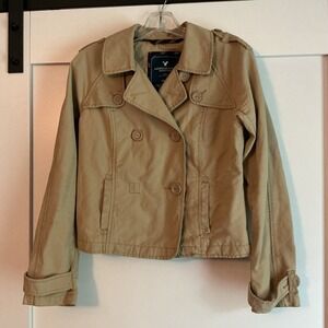 American Eagle Jacket Womens Medium Tan Khaki Canvas Crop‎ Pea Coat Military Y2K